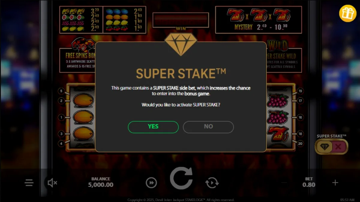 Interface do jogo Devil Joker Jackpot com símbolos de frutas e o personagem Devil Joker