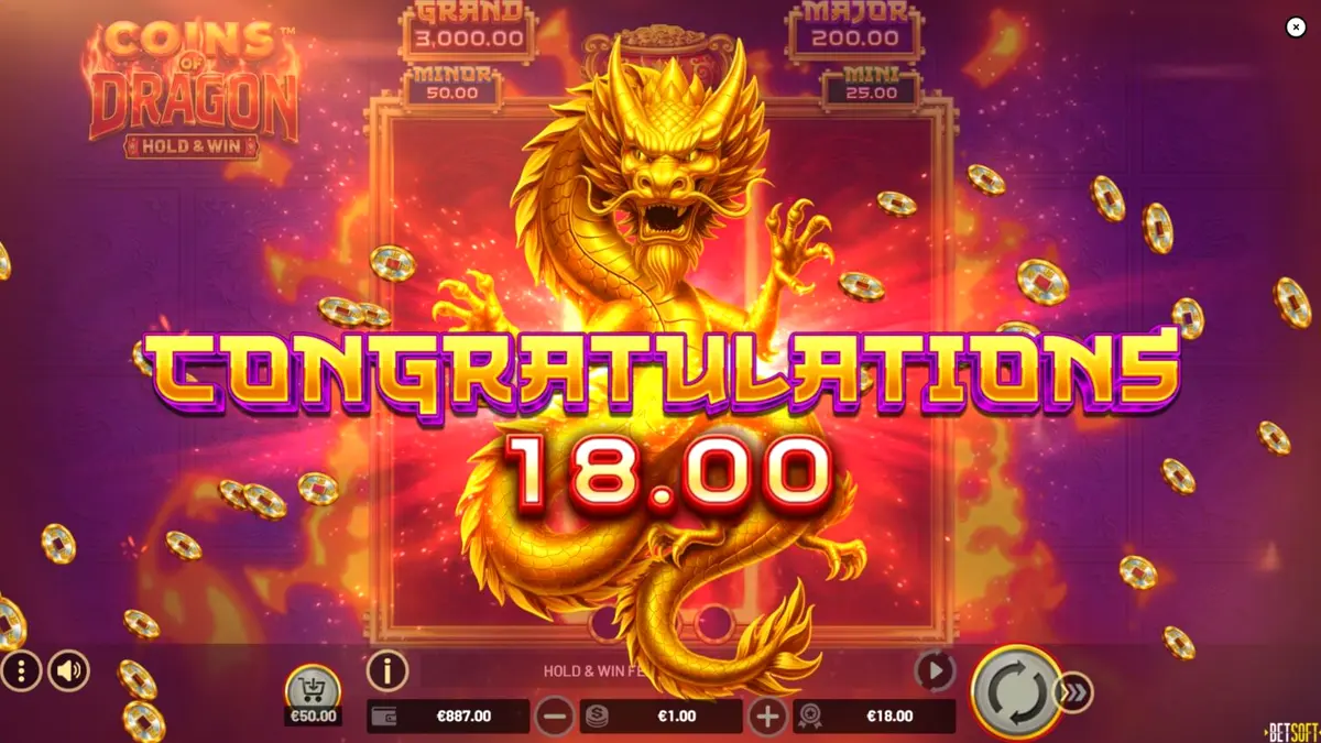 Interface do slot Coins of Dragon com tema oriental e dragão dourado