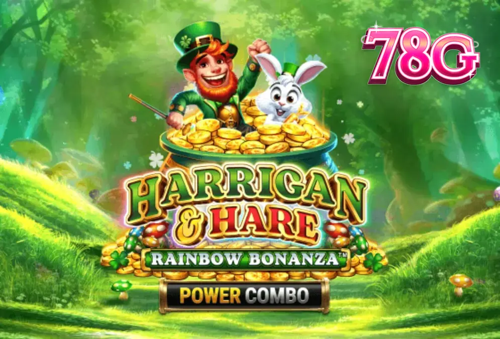 Cenário vibrante e colorido de Harrigan & Hare Rainbow Bonanza Power Combo com elementos temáticos irlandeses.
